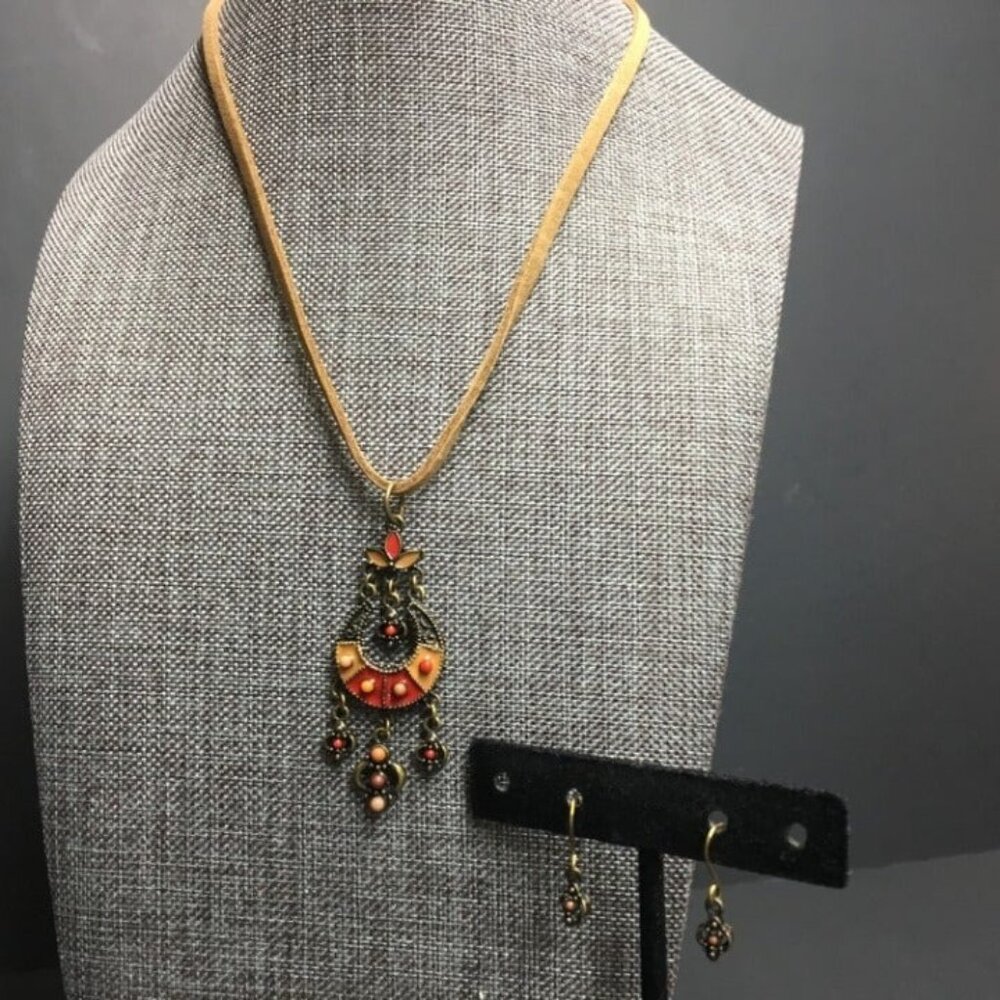 Multicolor Medallion Necklace Earrings 16 In Bronze Exotic Suede Dangle Pierced